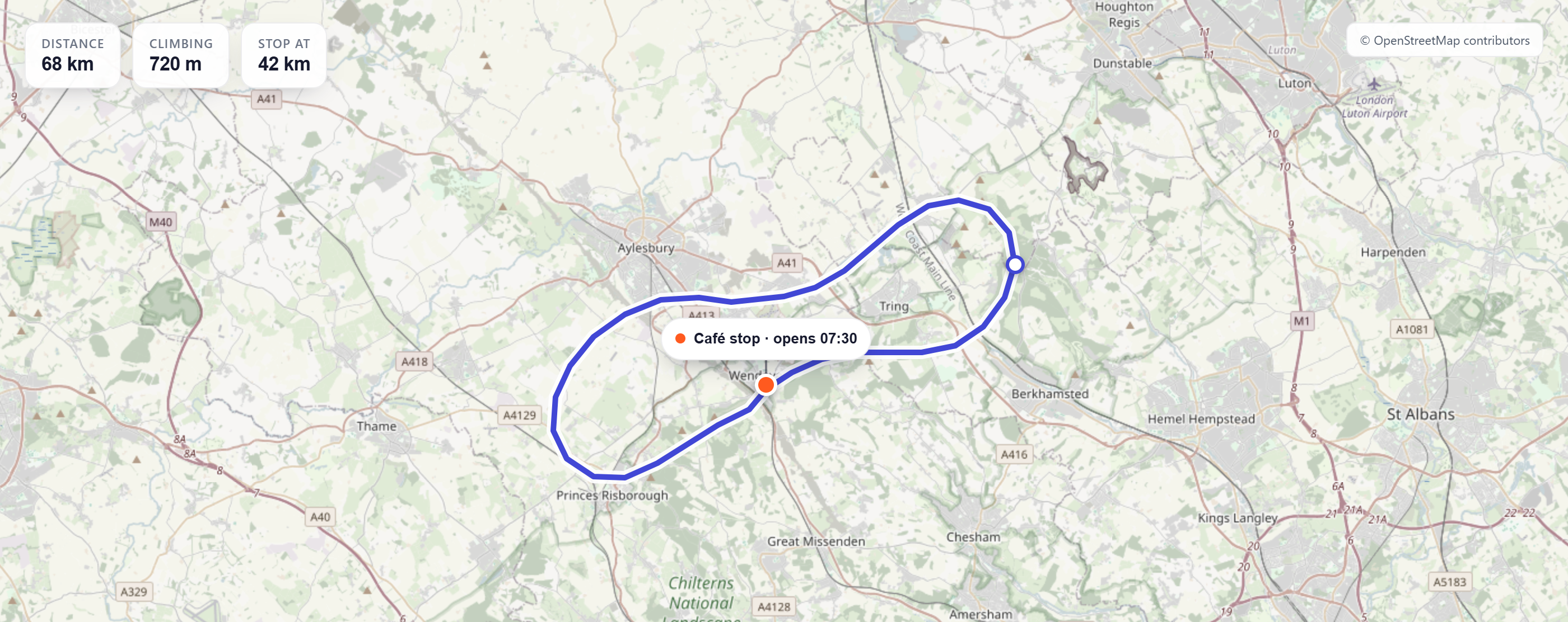 A CafeRide route map with a café stop marked along the way